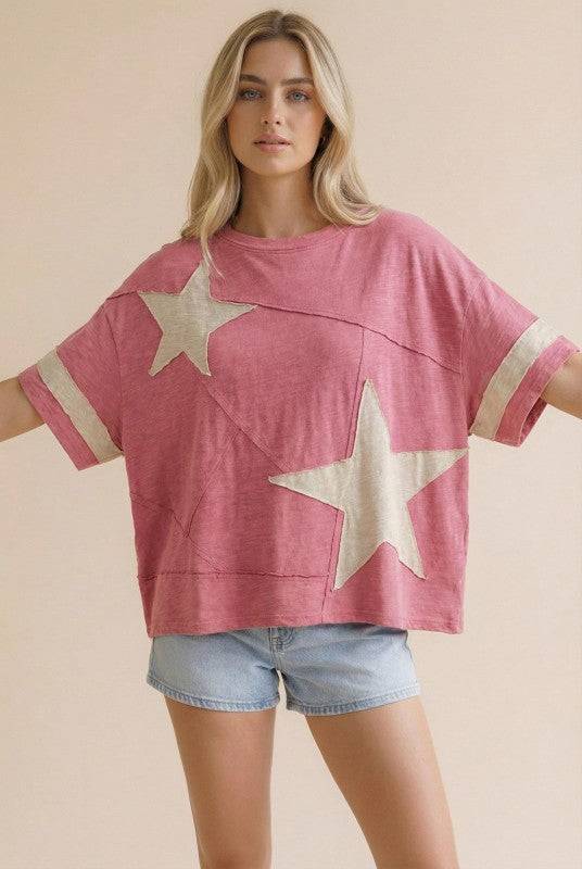 Patriotic Star Patchwork Knit Top for Casual Looks