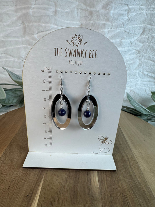 Silver Mirror Acrylic Oval Earrings with Blue Dangle Bead