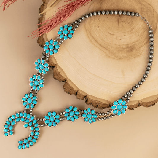 Turquoise Squash Blossom Necklace – 26" Beaded Chain