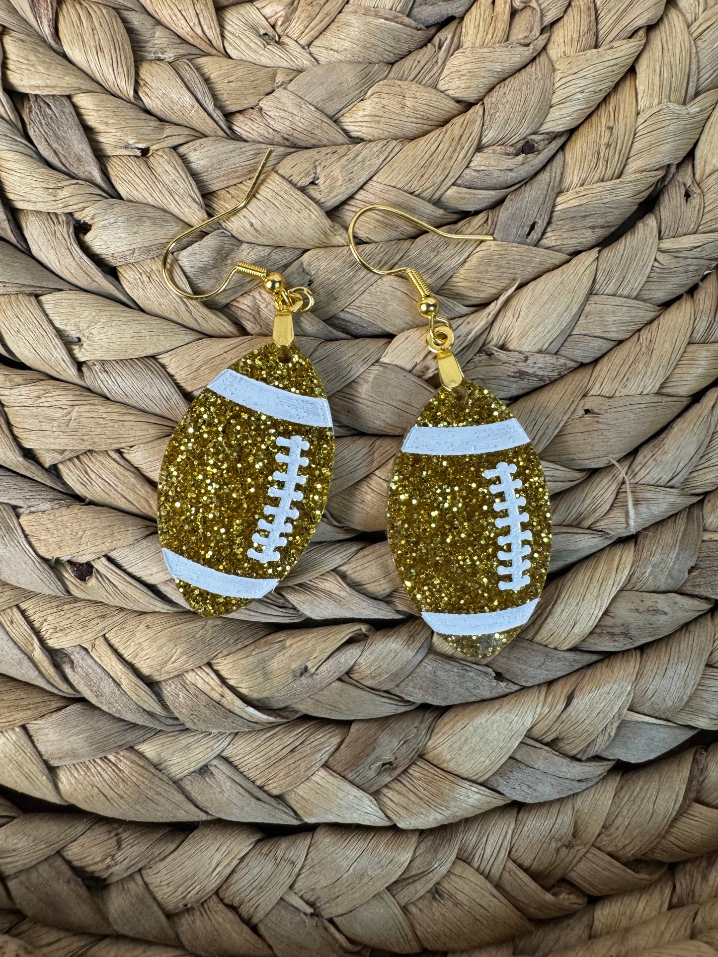 Glitter Football Earrings – Game Day Drop Earrings in Team Colors – 2.5" Football Dangles – Custom Football Mom Jewelry