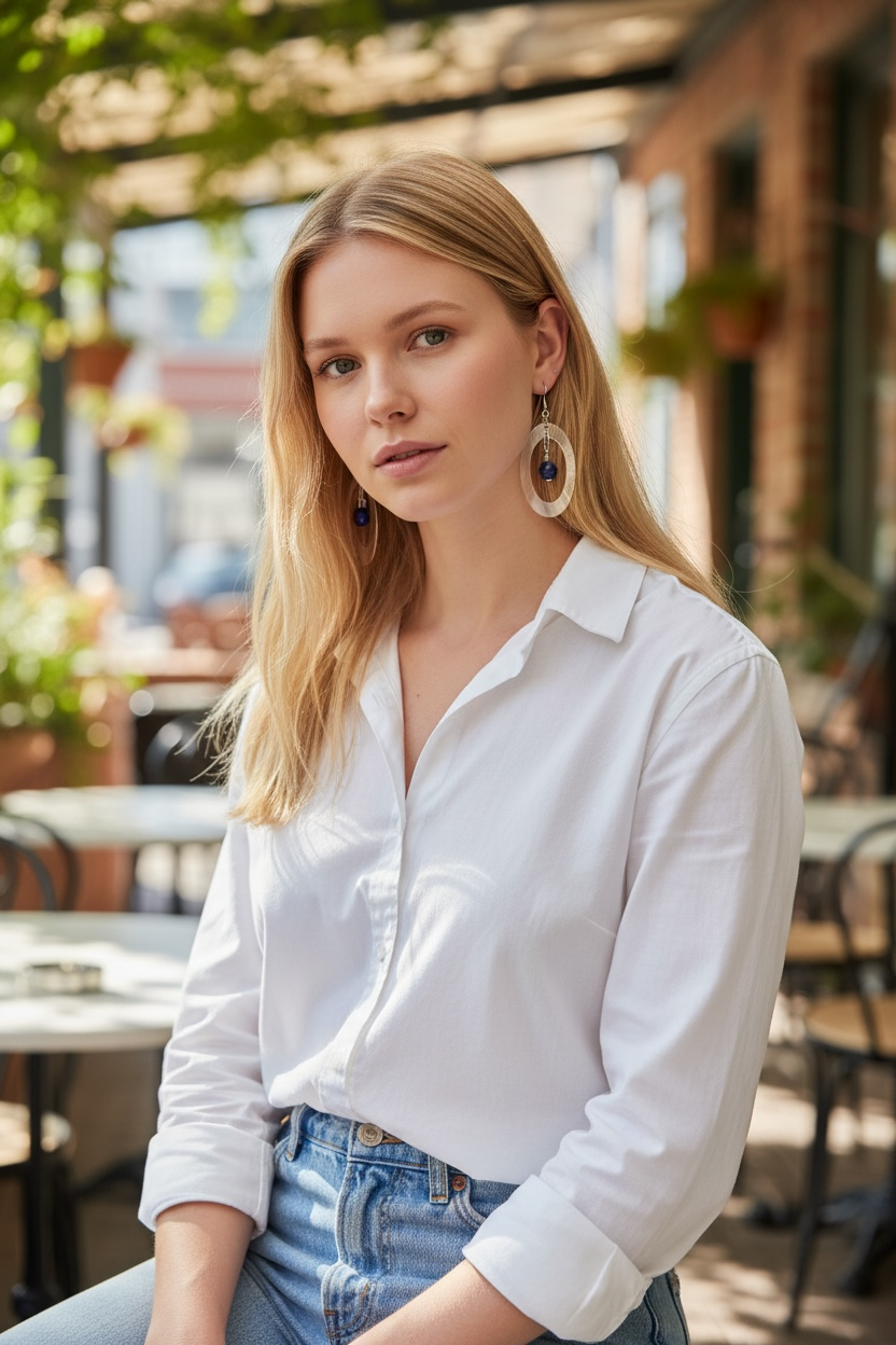 Silver Mirror Acrylic Oval Earrings with Blue Dangle Bead