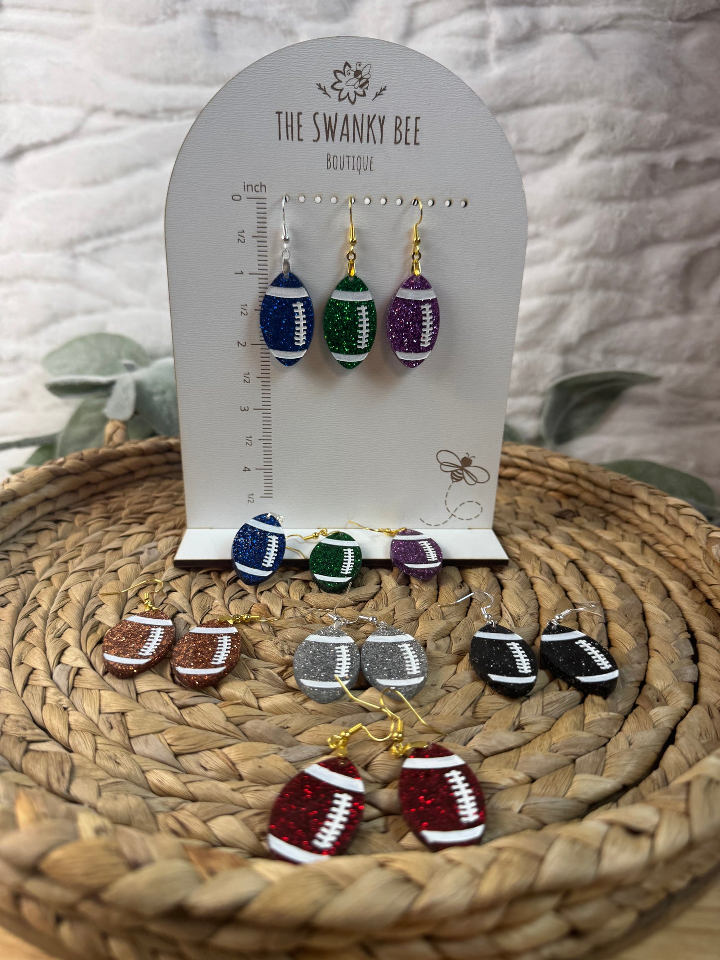 Glitter Football Earrings – Game Day Drop Earrings in Team Colors – 2.5" Football Dangles – Custom Football Mom Jewelry
