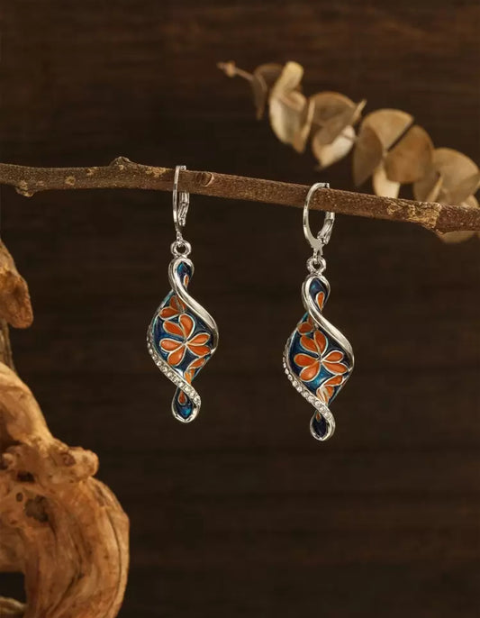 Silver Flower Pattern Twist Drop Earrings