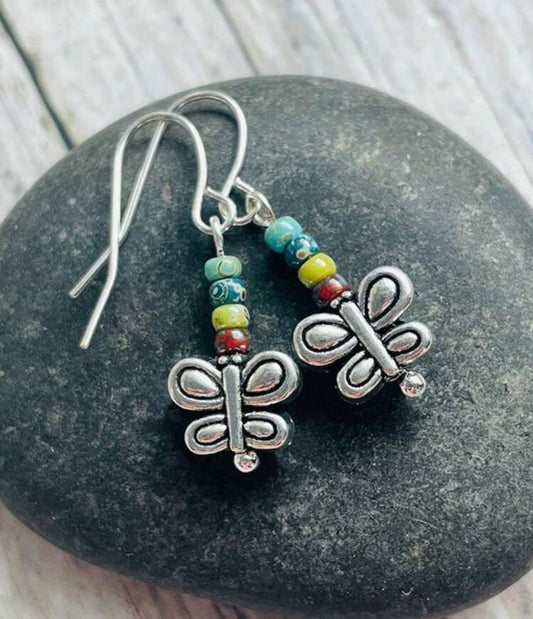 Silver Butterfly Earrings with Multi-Color Natural Stone
