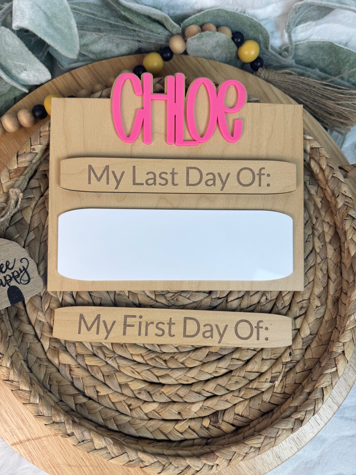 Custom First Day of School Sign with Name – Reusable Photo Prop with Magnetic Last Day Piece & Dry Erase Grade Area
