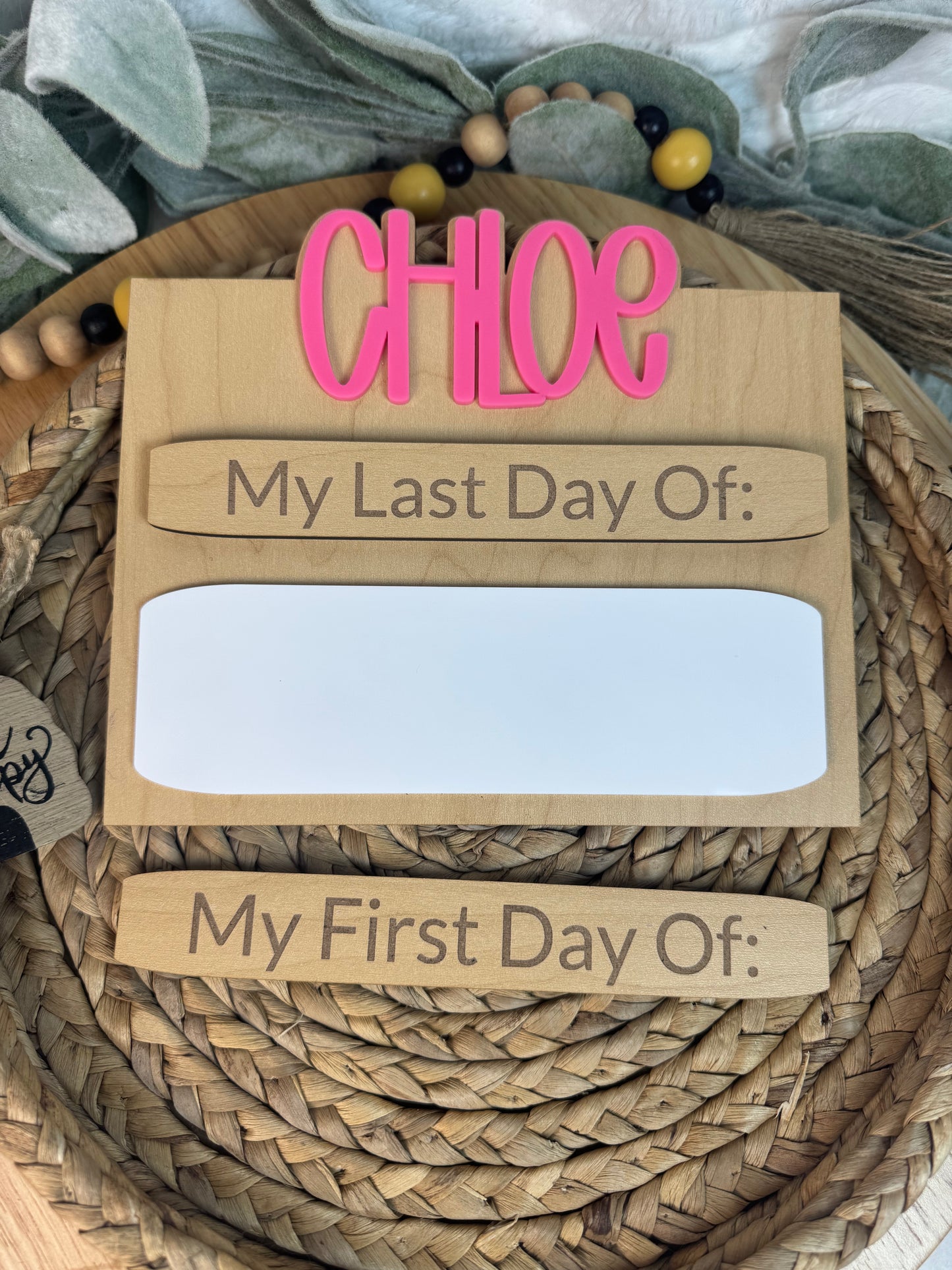 Custom First Day of School Sign with Name – Reusable Photo Prop with Magnetic Last Day Piece & Dry Erase Grade Area