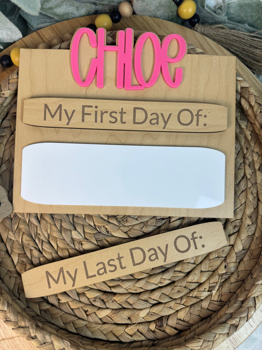 Custom First Day of School Sign with Name – Reusable Photo Prop with Magnetic Last Day Piece & Dry Erase Grade Area