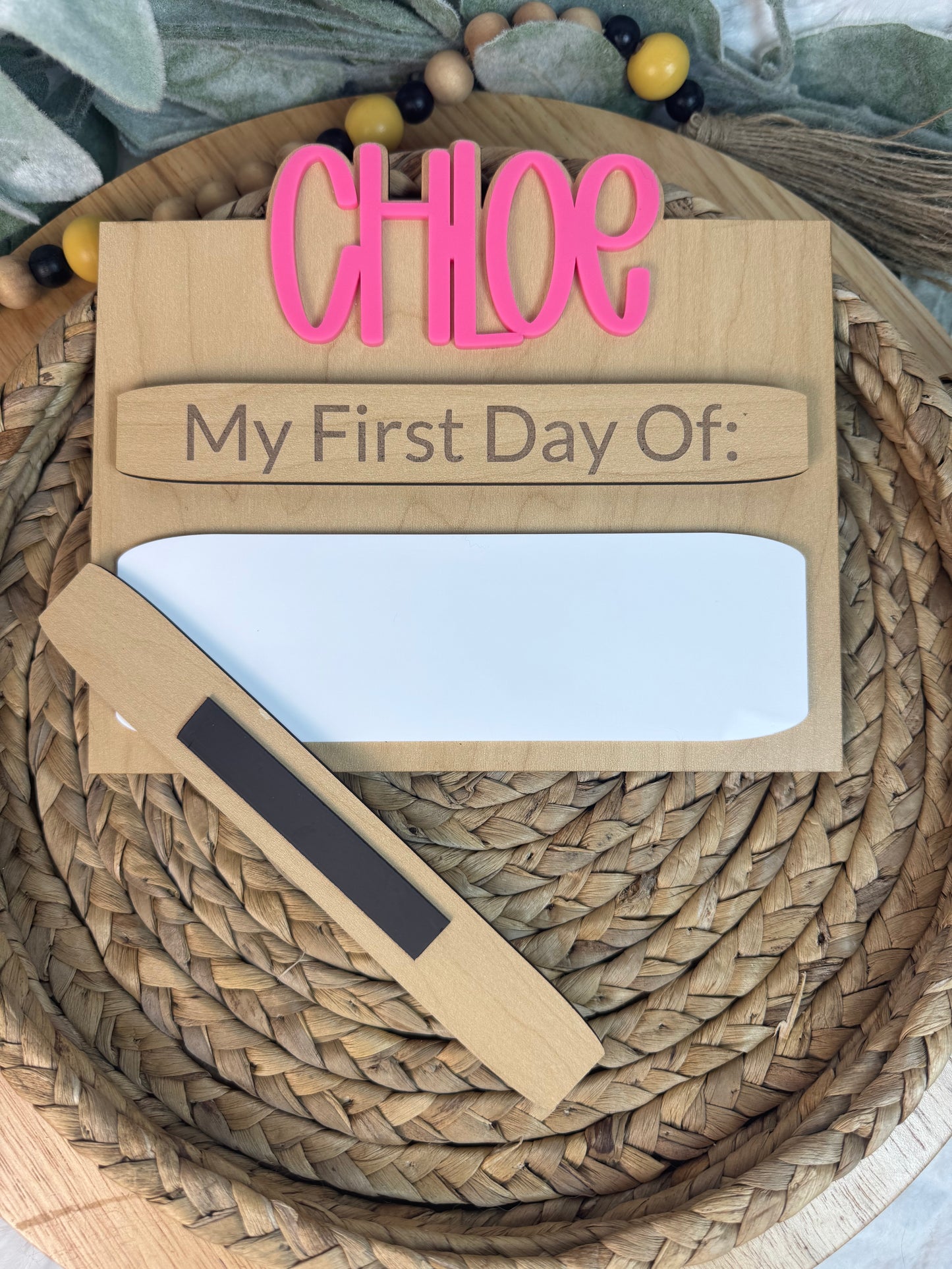 Custom First Day of School Sign with Name – Reusable Photo Prop with Magnetic Last Day Piece & Dry Erase Grade Area