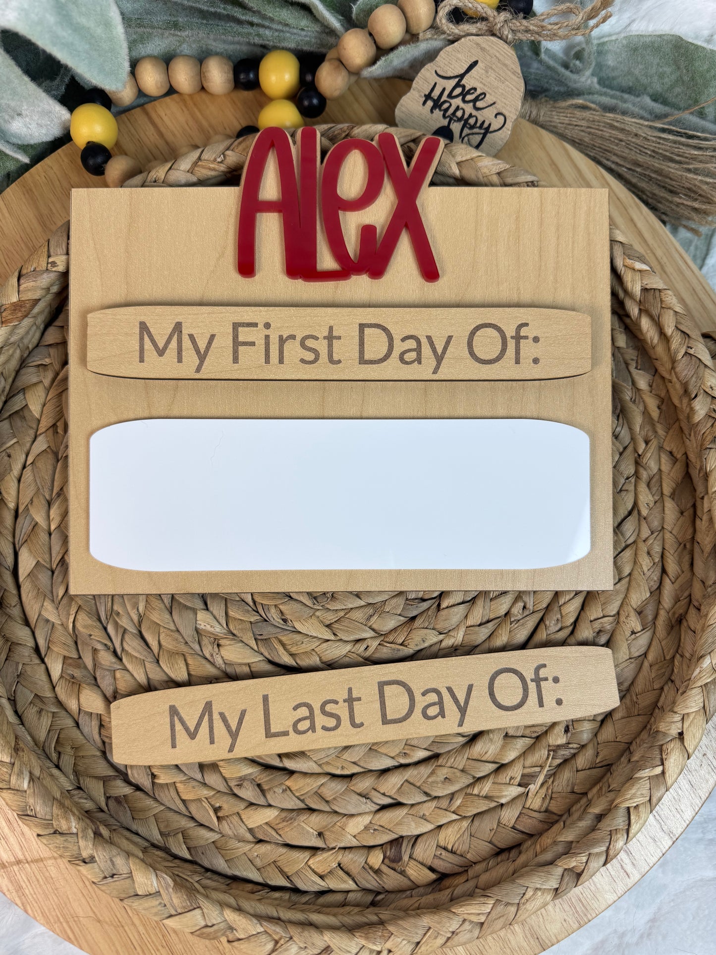 Custom First Day of School Sign with Name – Reusable Photo Prop with Magnetic Last Day Piece & Dry Erase Grade Area