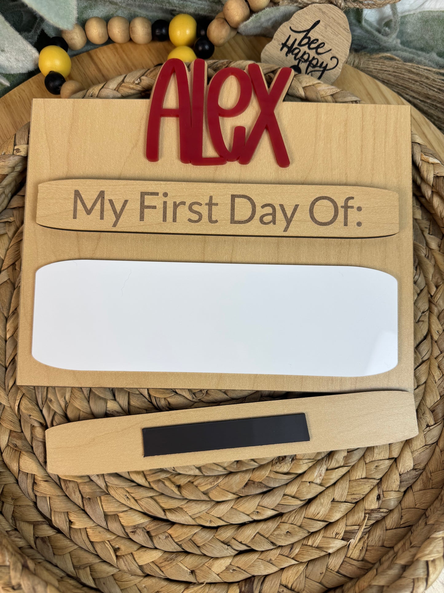 Custom First Day of School Sign with Name – Reusable Photo Prop with Magnetic Last Day Piece & Dry Erase Grade Area
