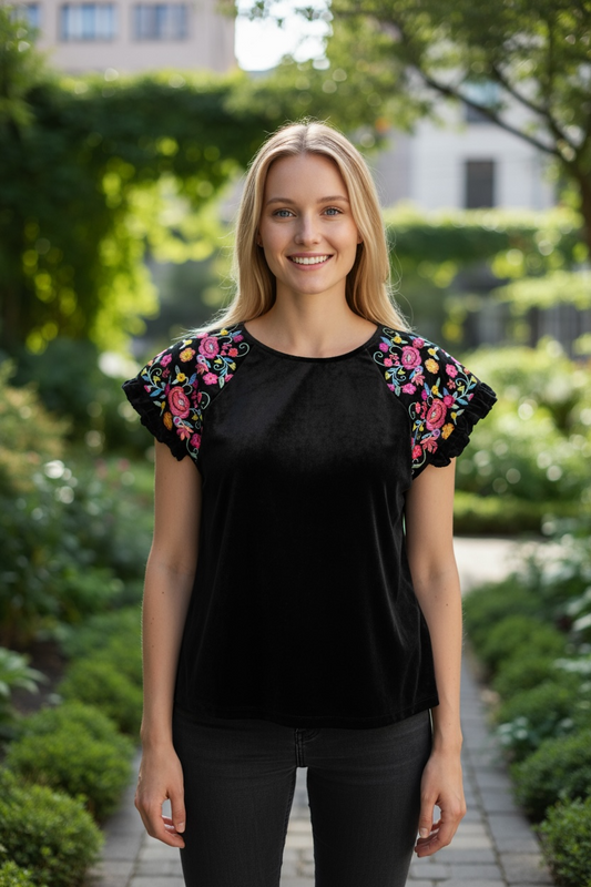 Black Velvet Embroidered Ruffle Sleeve Top