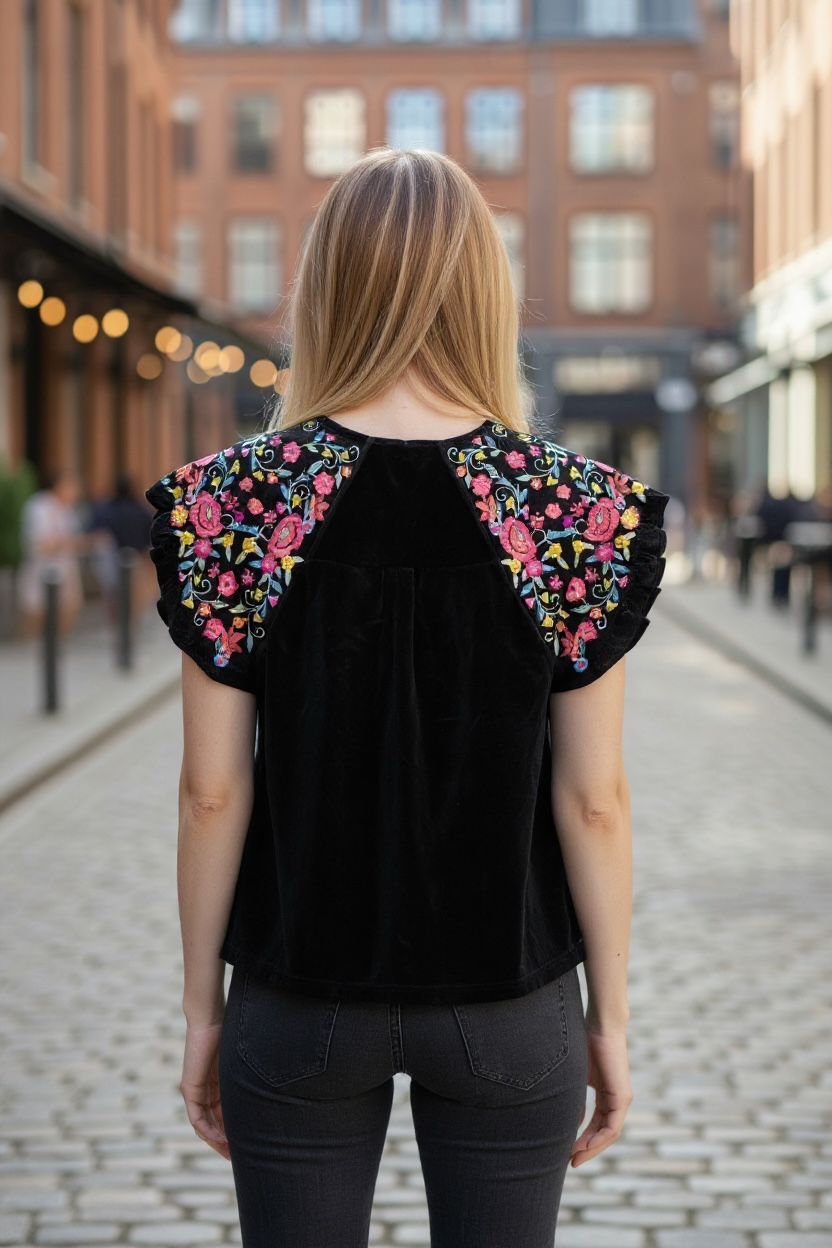 Black Velvet Embroidered Ruffle Sleeve Top