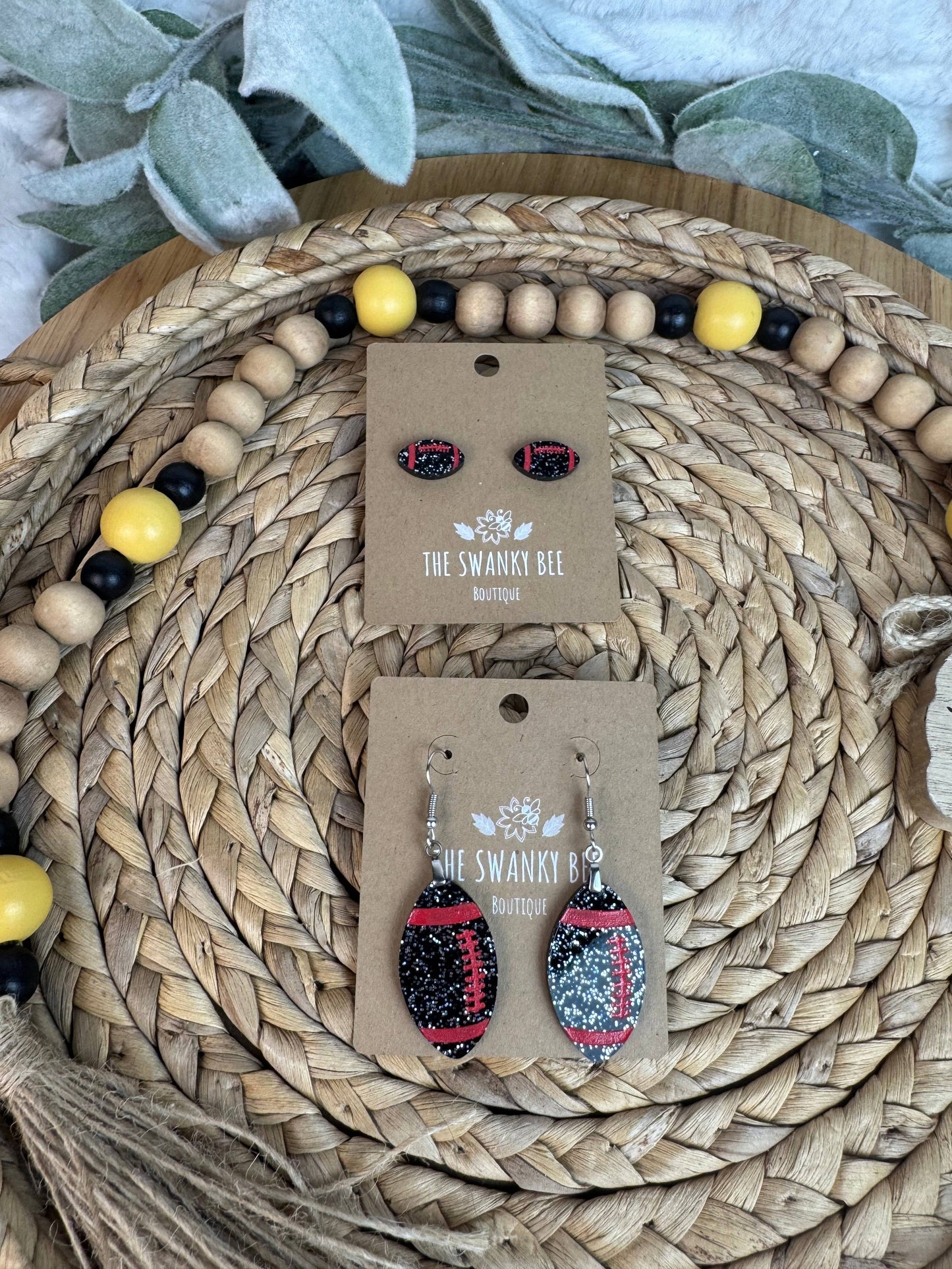 Black Glitter Football Earrings with Red Stripes – Stud or Dangle
