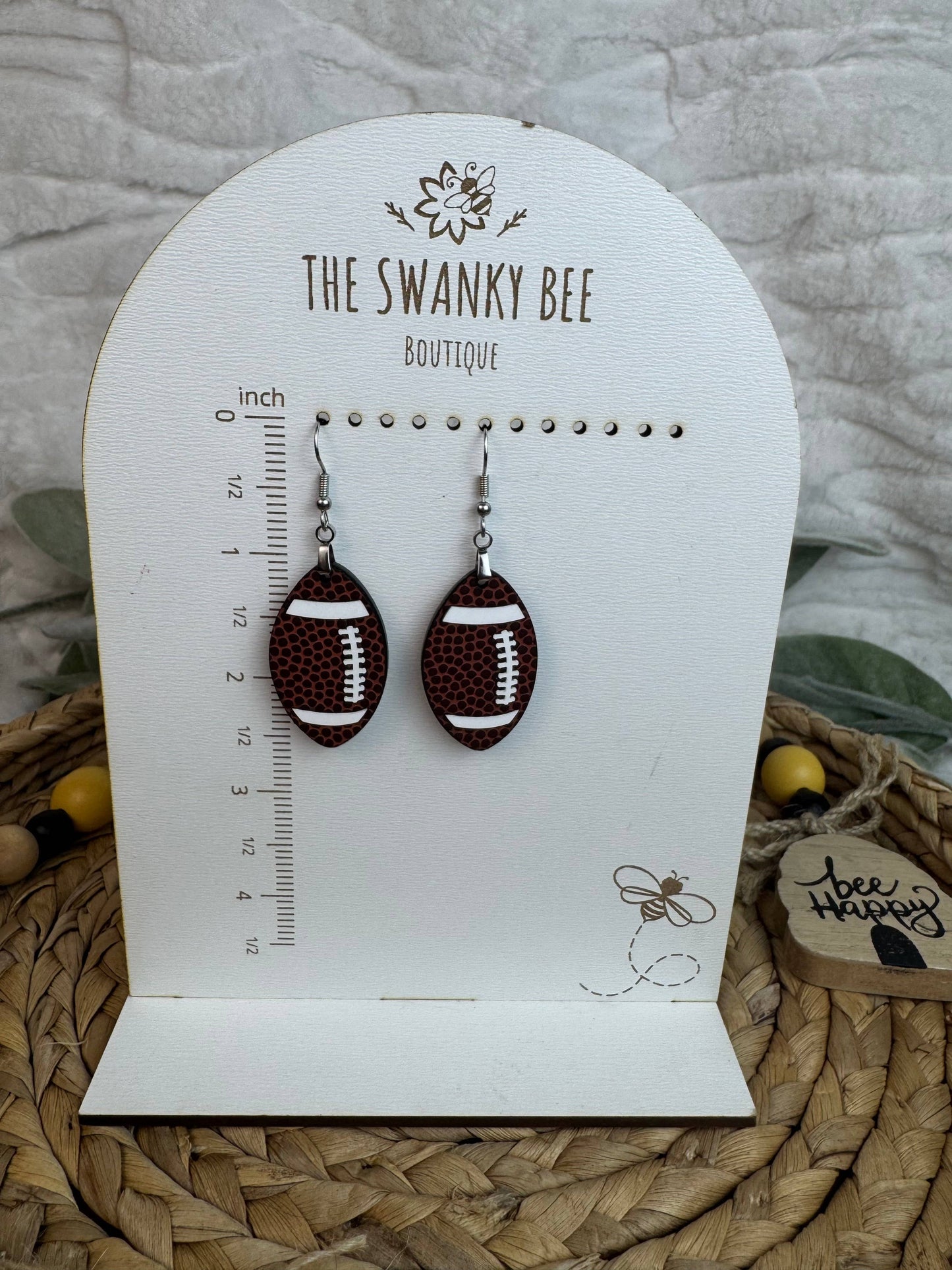 Football Leather & Acrylic Dangle Earrings – Gold or Silver Hardware