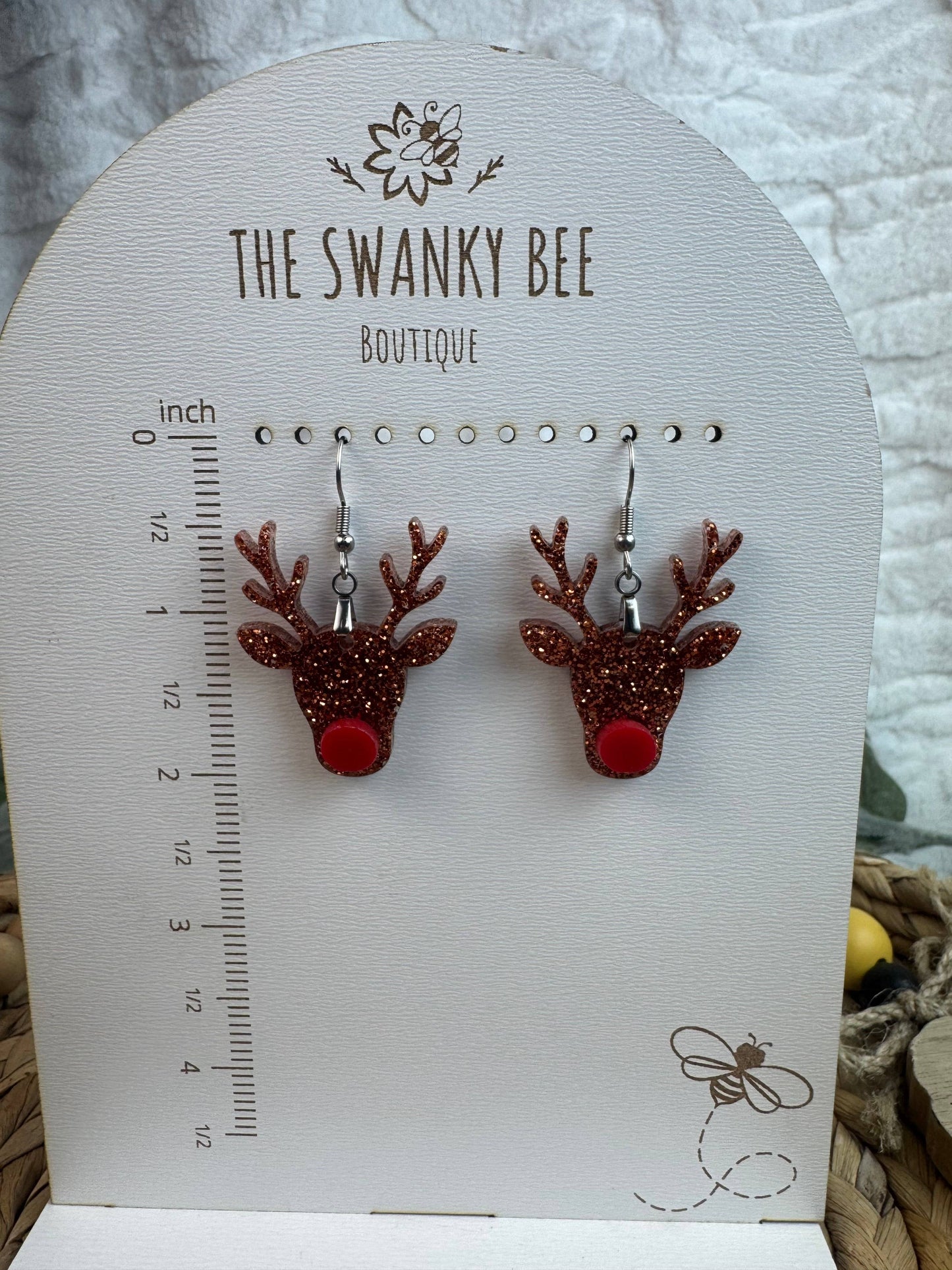 Red Nose Reindeer Glitter Earrings – Festive Christmas Dangle Earrings
