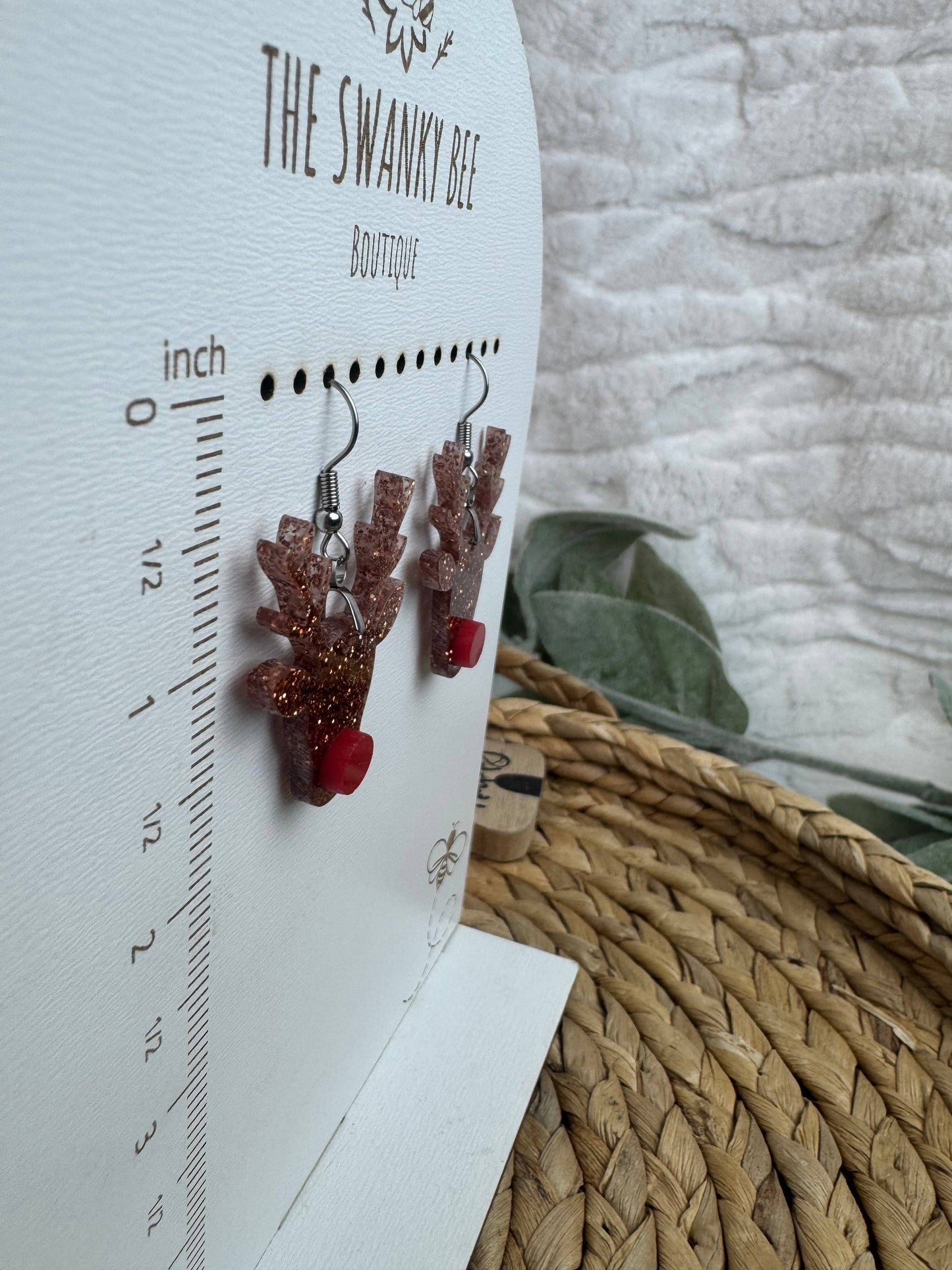 Red Nose Reindeer Glitter Earrings – Festive Christmas Dangle Earrings