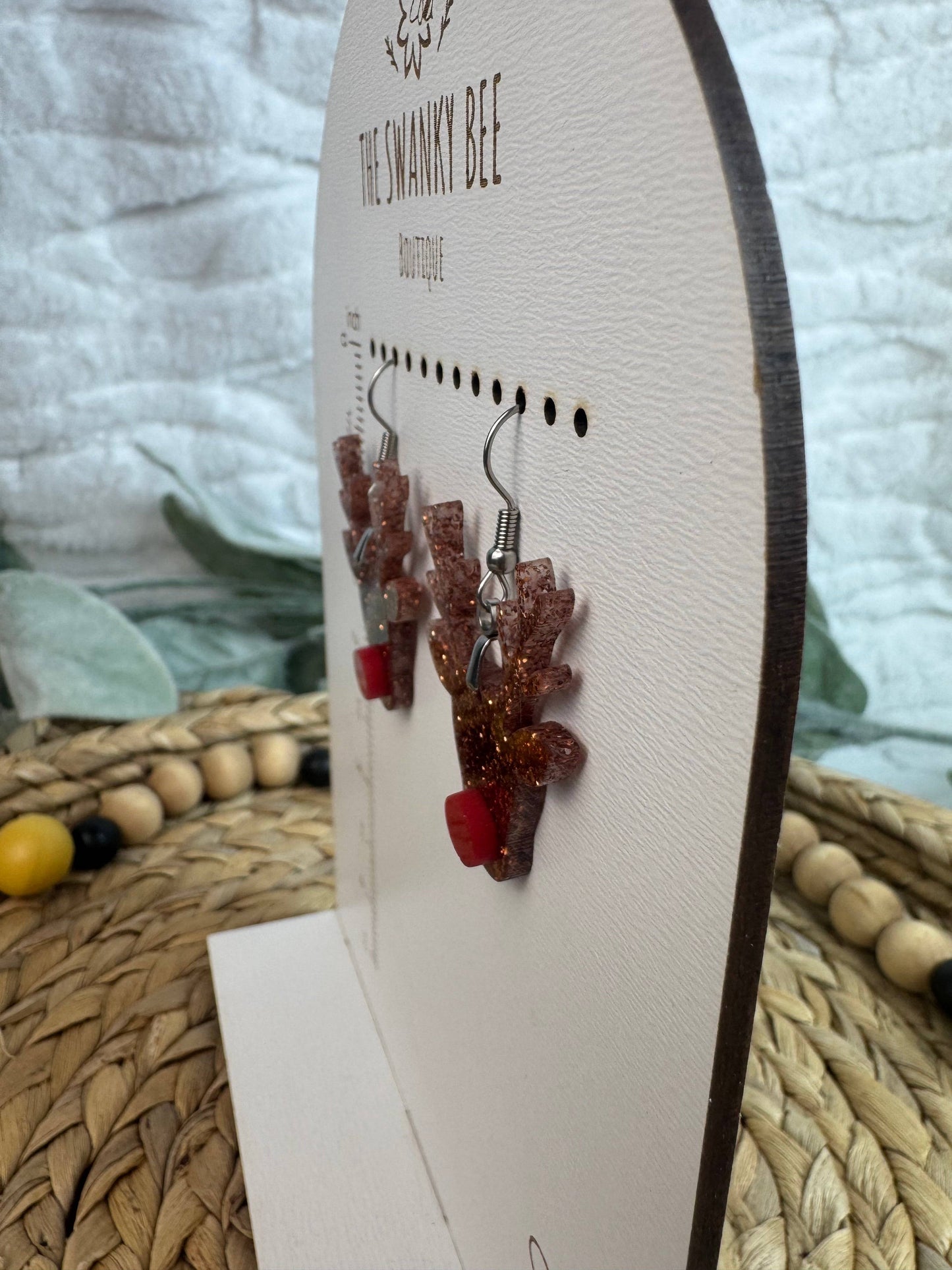 Red Nose Reindeer Glitter Earrings – Festive Christmas Dangle Earrings