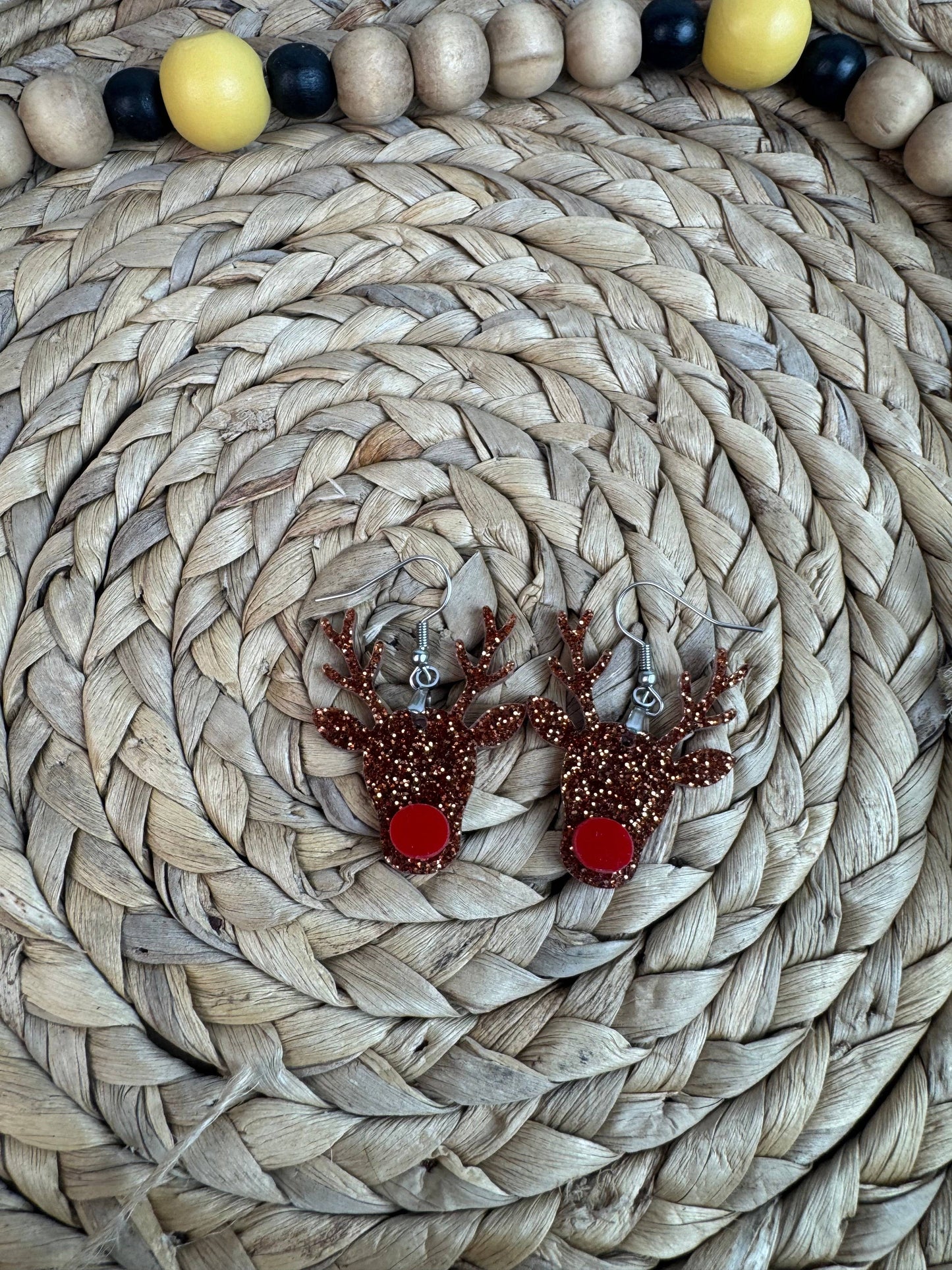 Red Nose Reindeer Glitter Earrings – Festive Christmas Dangle Earrings