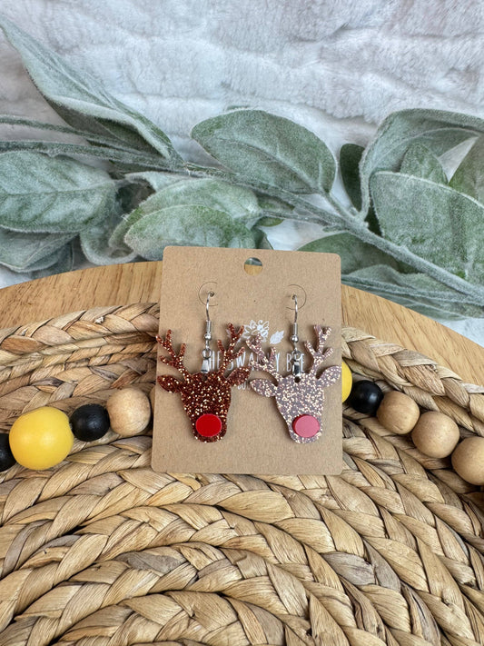 Red Nose Reindeer Glitter Earrings – Festive Christmas Dangle Earrings