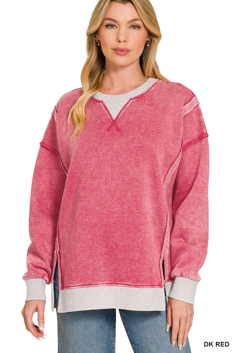 Acid Washed Contrast Trim Fleece Pullover