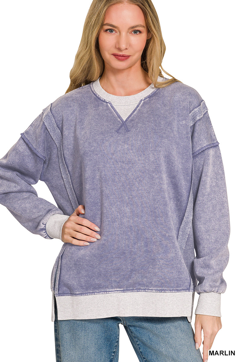 Acid Washed Contrast Trim Fleece Pullover