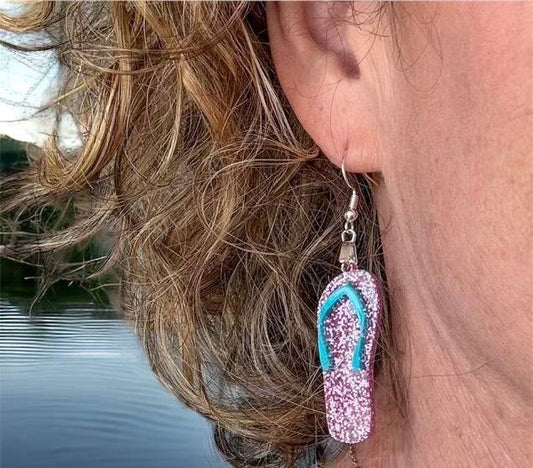 Glitter Flip Flop Earrings - Fun Beach Jewelry - Sparkly Summer Accessories - Handmade Beachwear - Cute Vacation Earrings