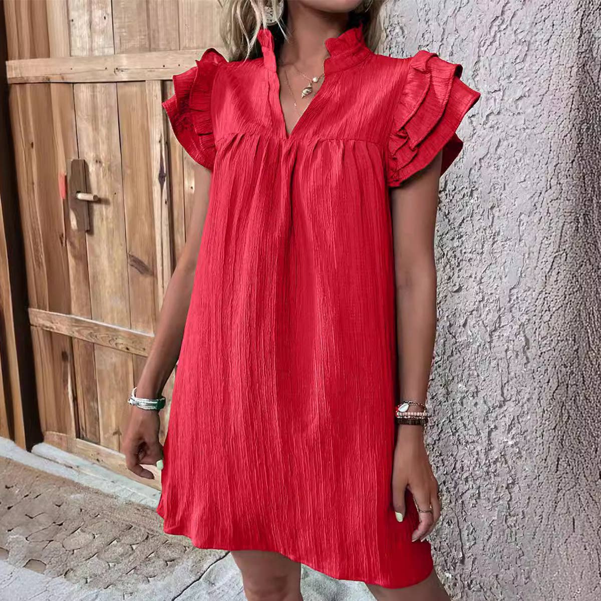 Multi-Layer Lotus Sleeve V-Neck Pullover Dress