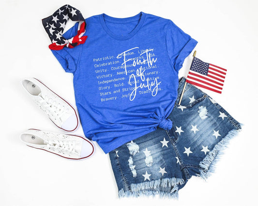 Royal blue 4th of July graphic tee by Bella Canvas styled with star denim shorts and patriotic accessories. Perfect for Independence Day outfits.