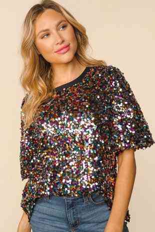 Bubble Sleeve Multicolor Sequin Top - The Swanky Bee