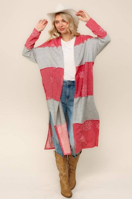 Color Block Snowflake Print Duster Cardigan