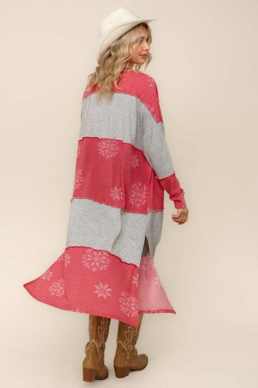 Color Block Snowflake Print Duster Cardigan