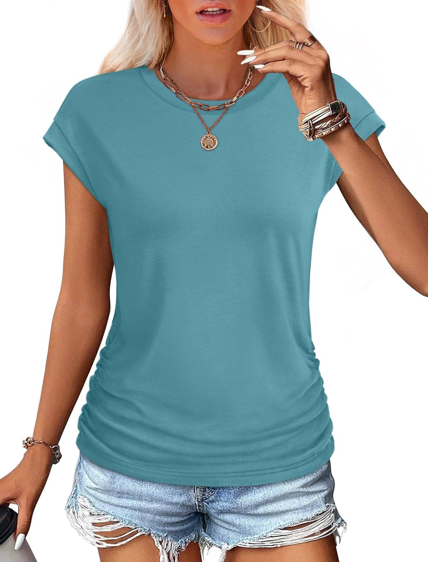 Teal round neck basic T-shirt paired with denim shorts, featuring ruched sides. Available in sizes S to XXL.