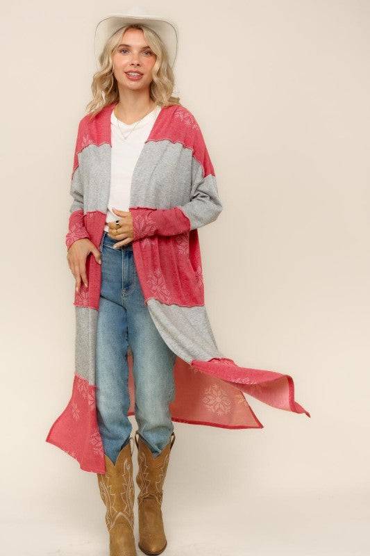 Color Block Snowflake Print Duster Cardigan