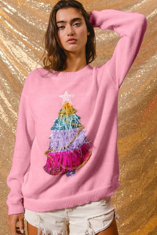 Pink Sequin Christmas Tree Sweater