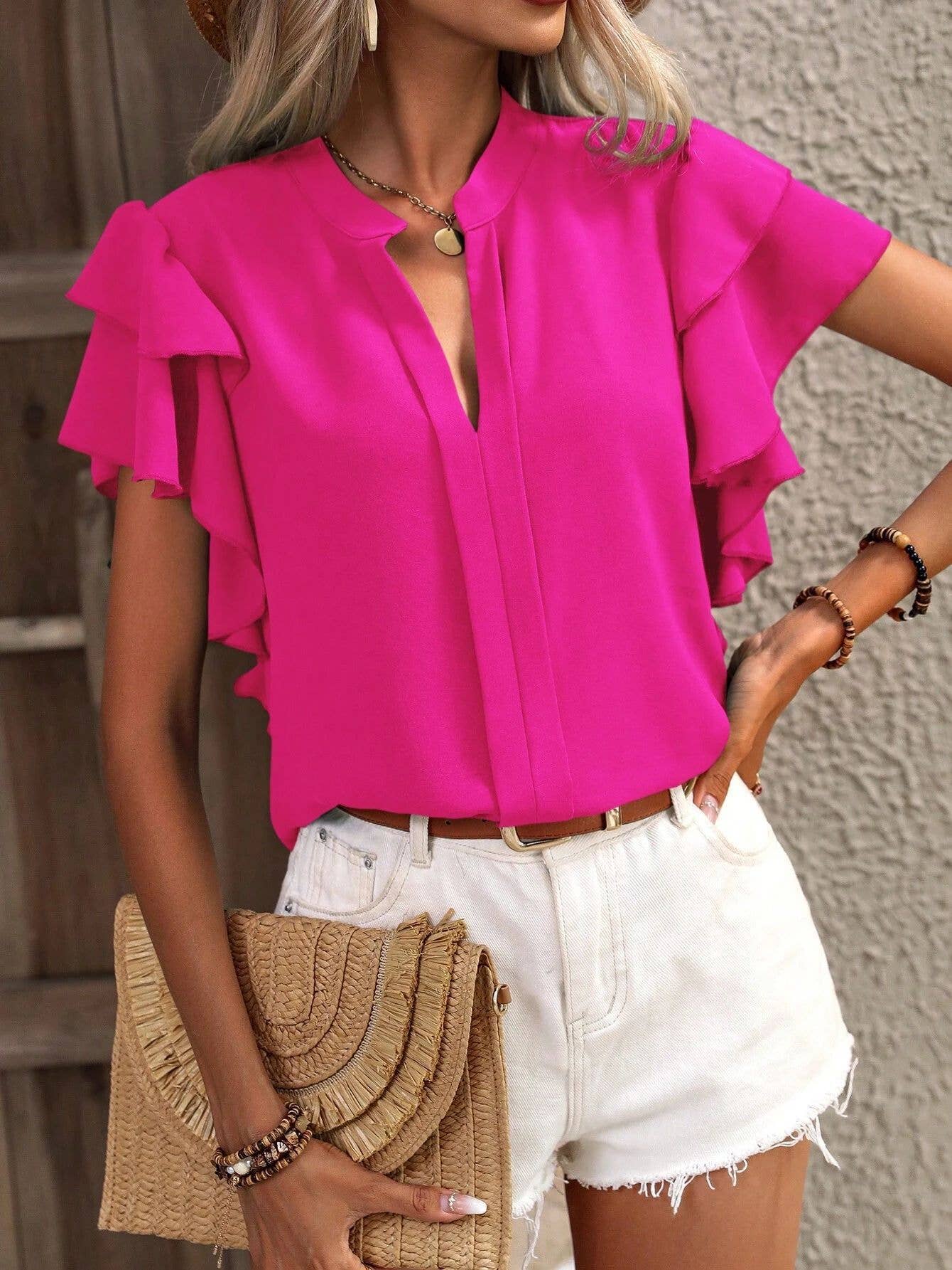 V-NECK CASUAL DOUBLE LAYER LOTUS SLEEVE BLOUSE