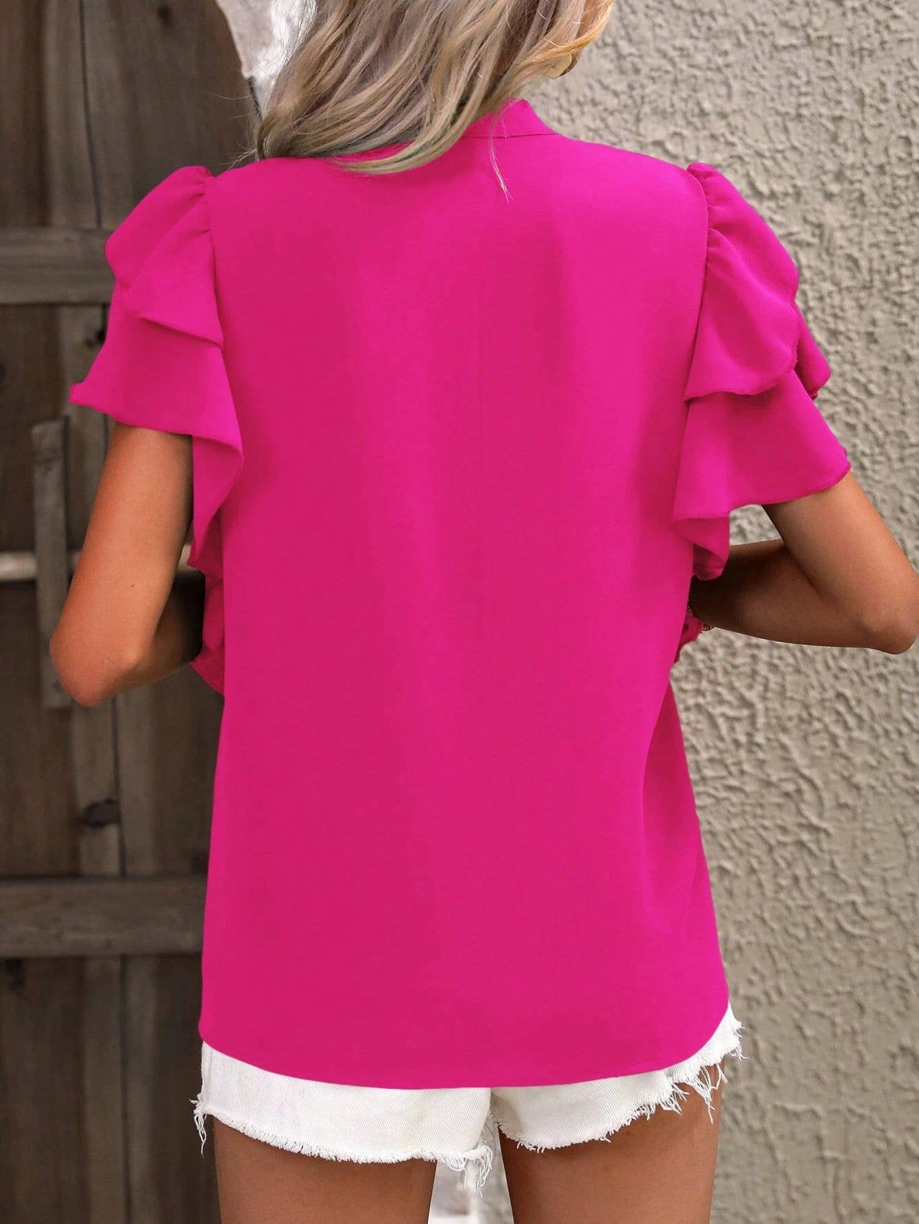 V-NECK CASUAL DOUBLE LAYER LOTUS SLEEVE BLOUSE