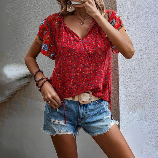PRINTED VNECK SHORT-SLEEVED LOOSE SHIRT