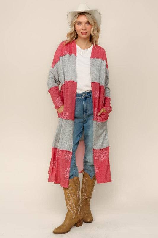 Color Block Snowflake Print Duster Cardigan