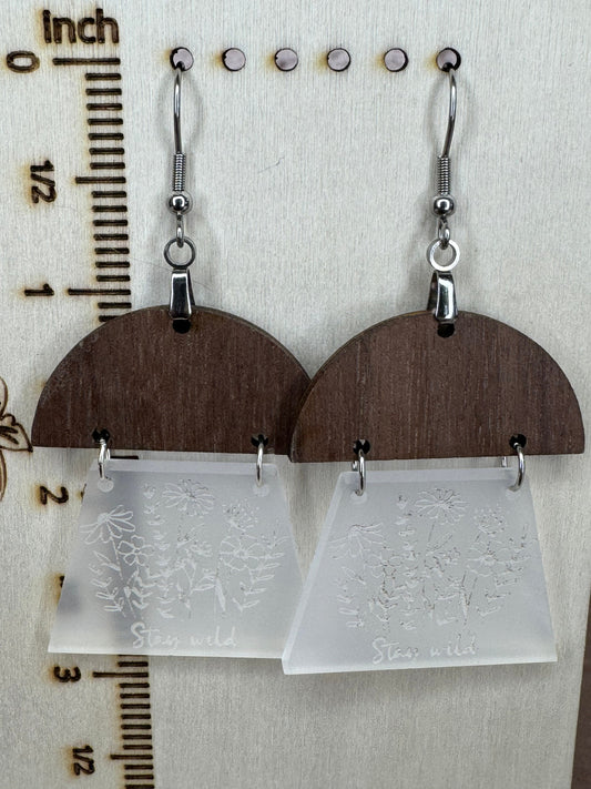 Floral Acrylic Walnut Earrings: Engraved Wildflower Boho Chic