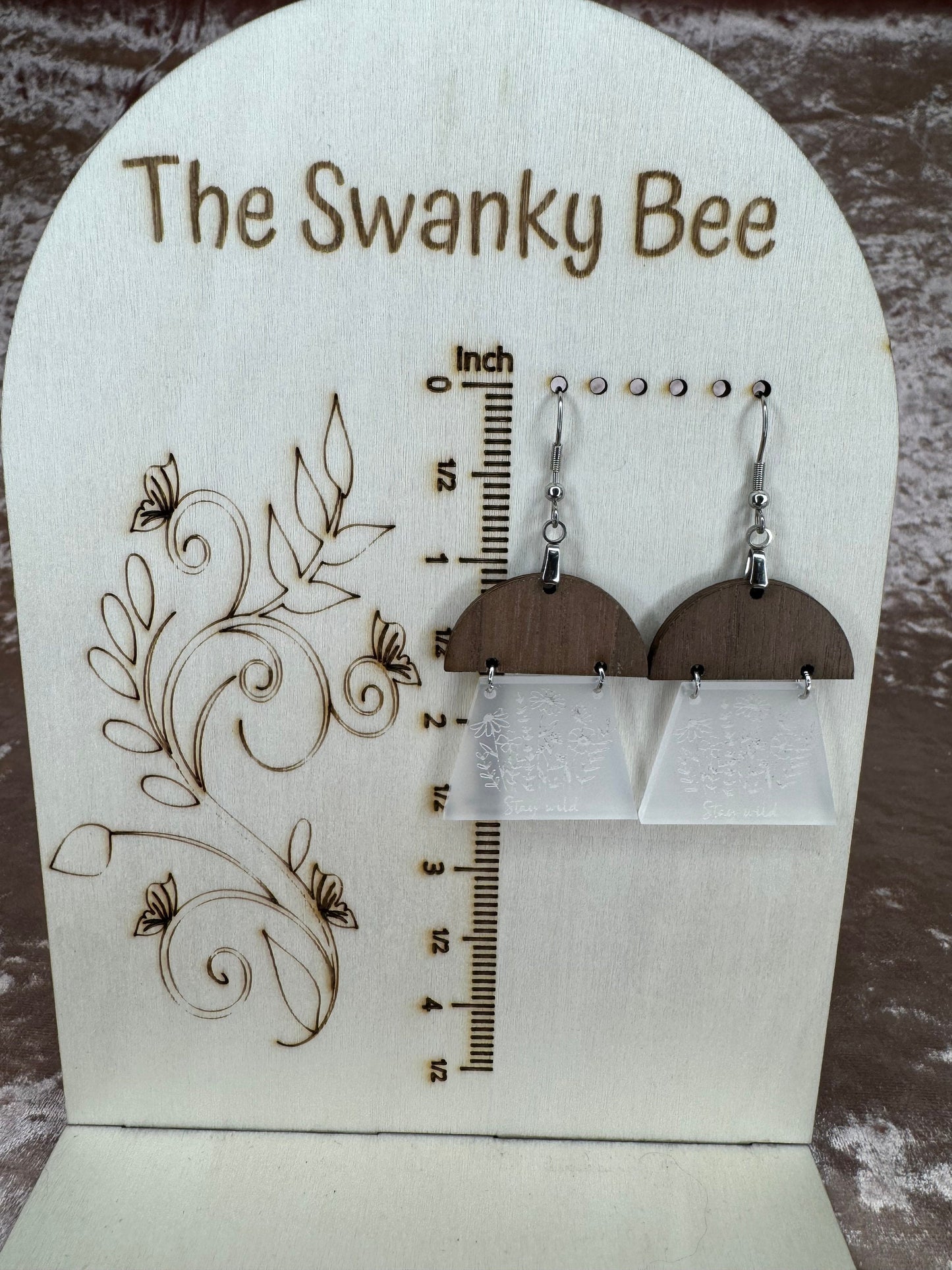 Floral Acrylic Walnut Earrings: Engraved Wildflower Boho Chic