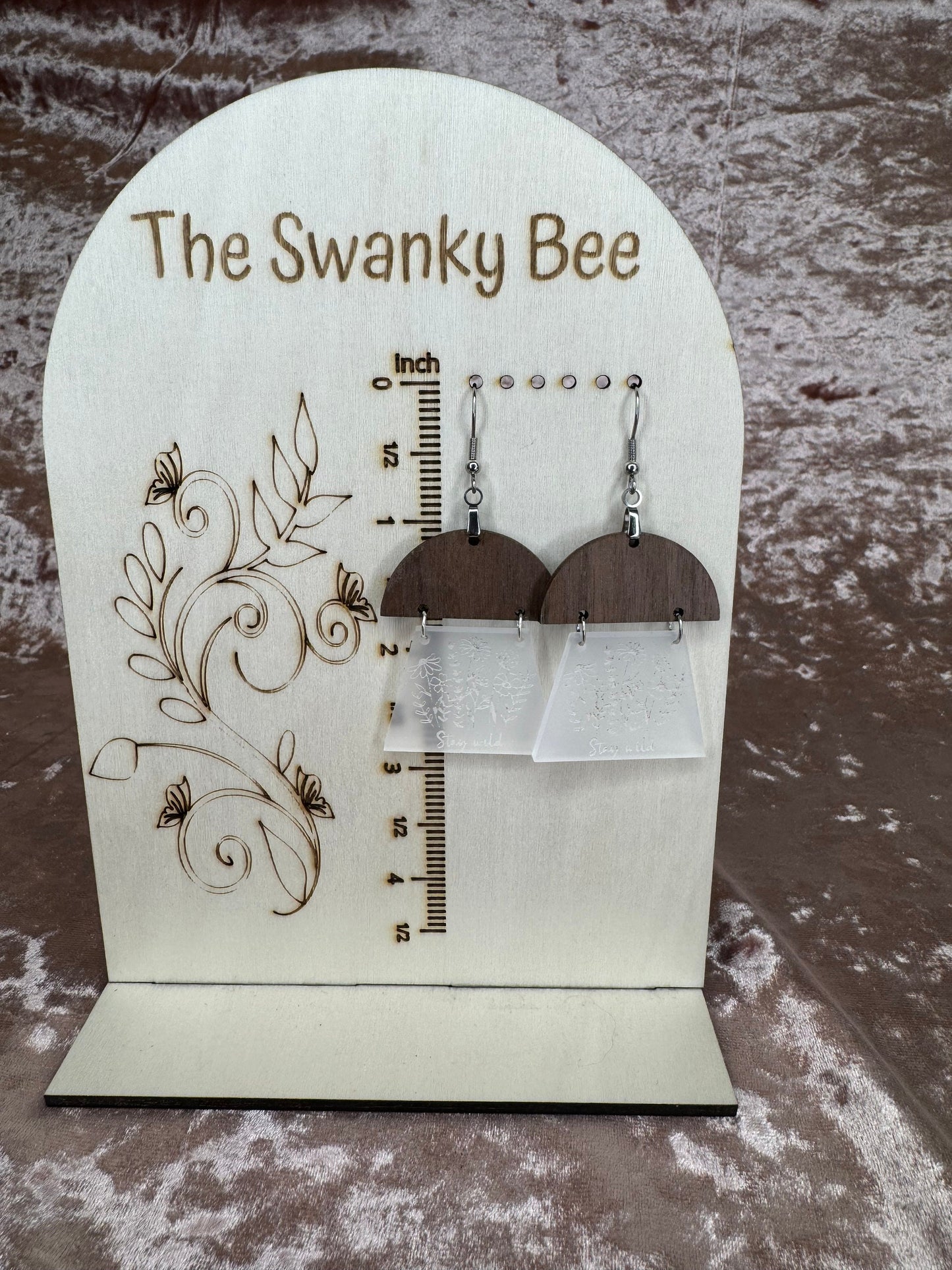 Floral Acrylic Walnut Earrings: Engraved Wildflower Boho Chic