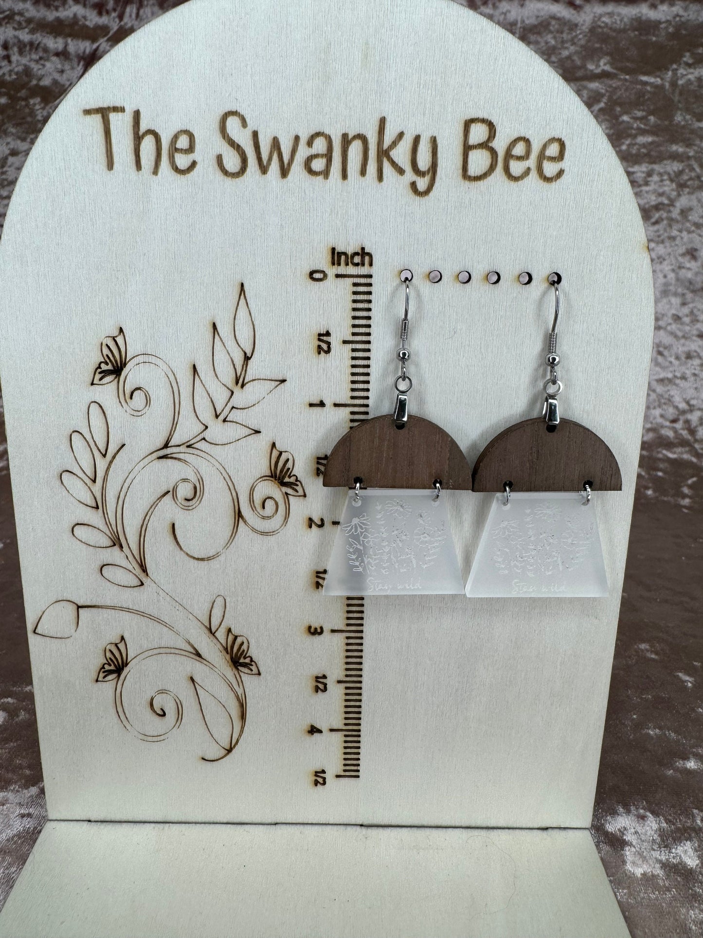 Floral Acrylic Walnut Earrings: Engraved Wildflower Boho Chic