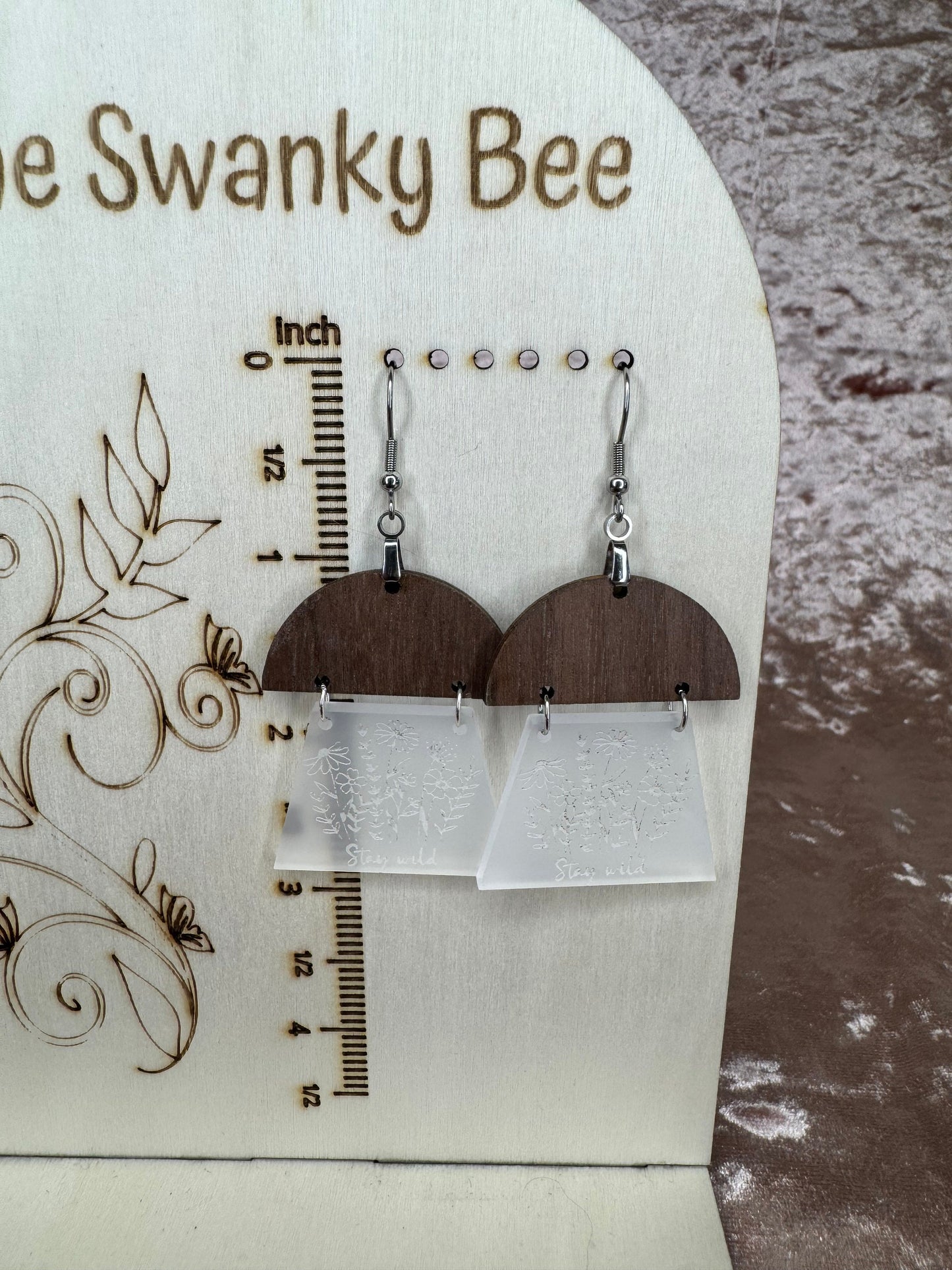 Floral Acrylic Walnut Earrings: Engraved Wildflower Boho Chic
