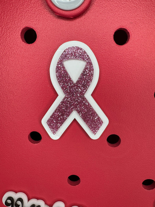 Pink Glitter Ribbon Bogg Bag Charm: Breast Cancer Awareness