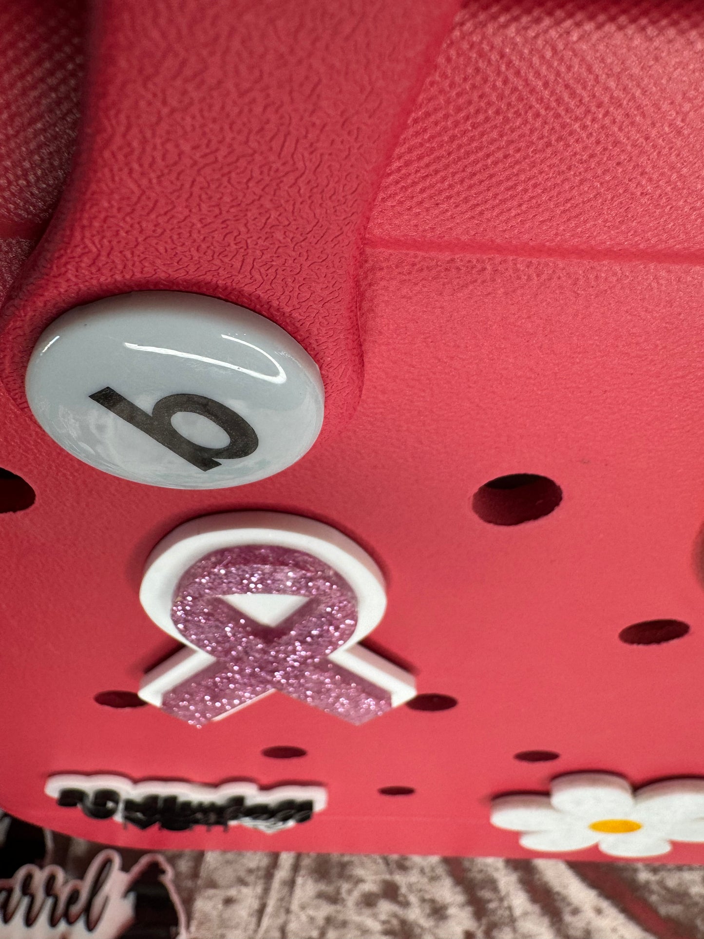 Pink Glitter Ribbon Bogg Bag Charm: Breast Cancer Awareness