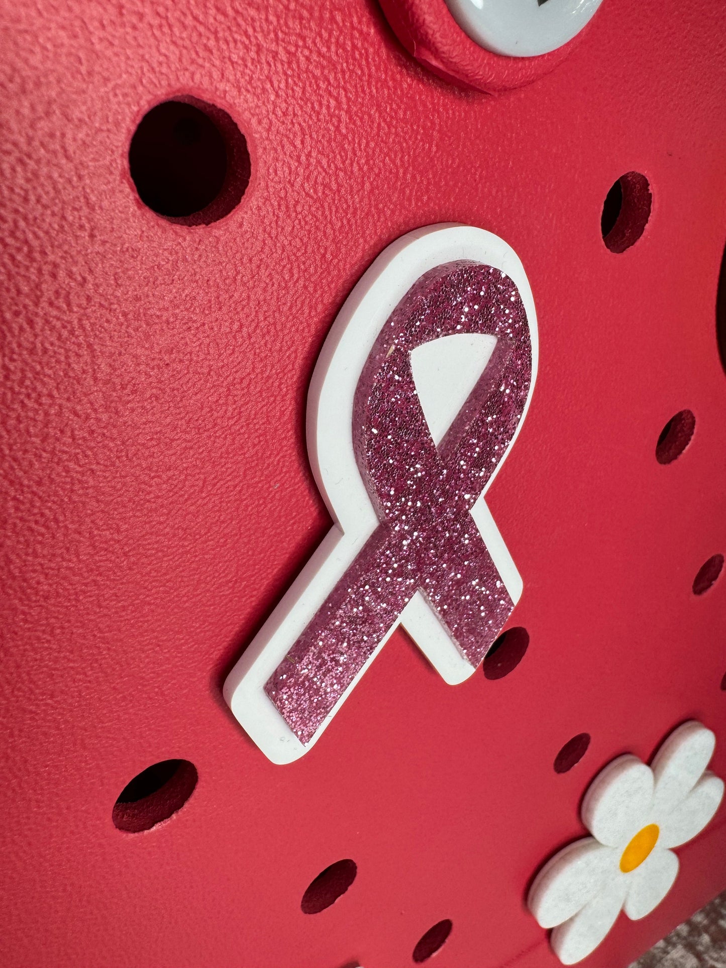 Pink Glitter Ribbon Bogg Bag Charm: Breast Cancer Awareness