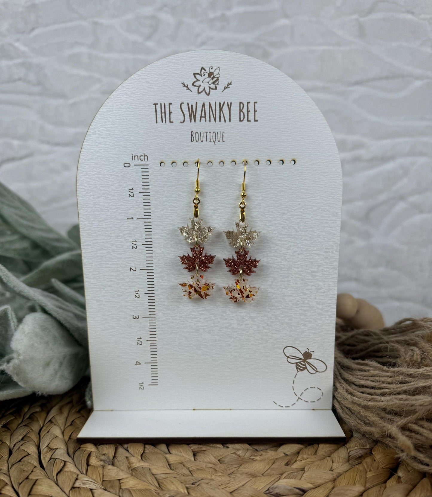 Sparkly Leaf Earrings: Autumn Glitter Jewelry, 2.5" Drop