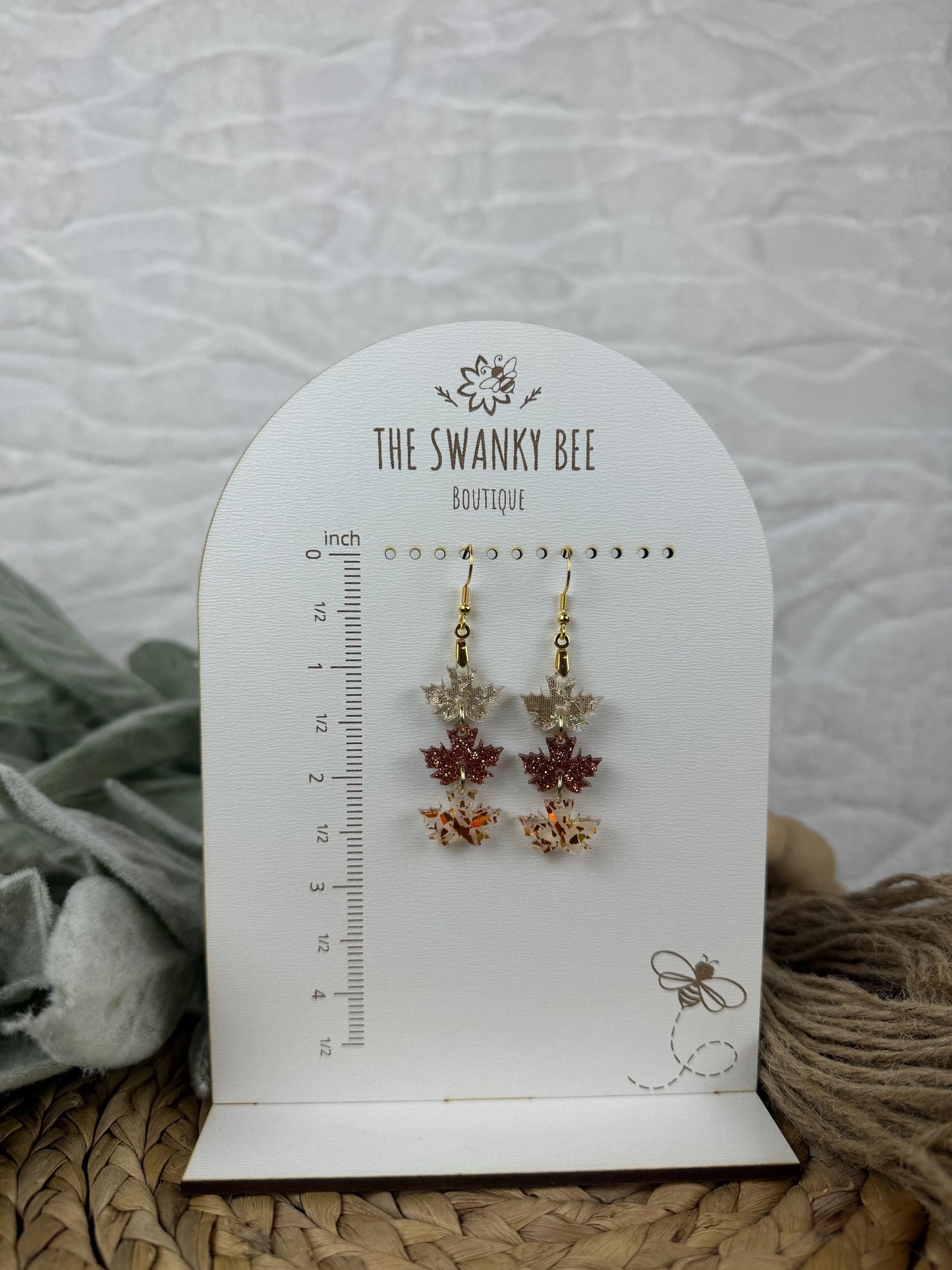 Sparkly Leaf Earrings: Autumn Glitter Jewelry, 2.5" Drop