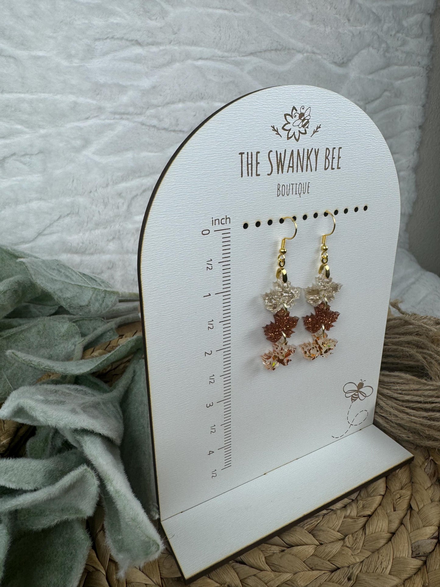 Sparkly Leaf Earrings: Autumn Glitter Jewelry, 2.5" Drop