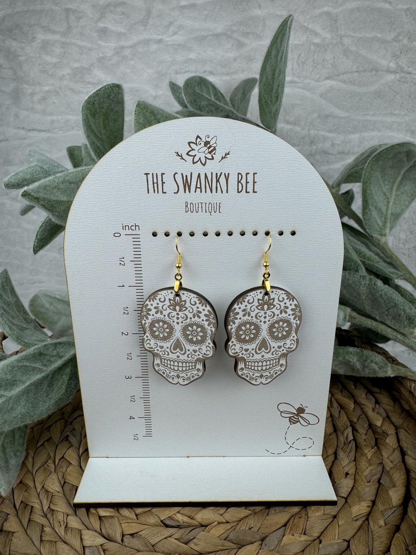 Wood Sugar Skull Dangle Earrings, Day of the Dead, Halloween